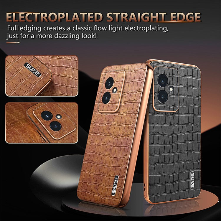 AZNS For Honor 100 5G Case Crocodile Texture Leather+TPU Cover Electroplating Frame - Brown