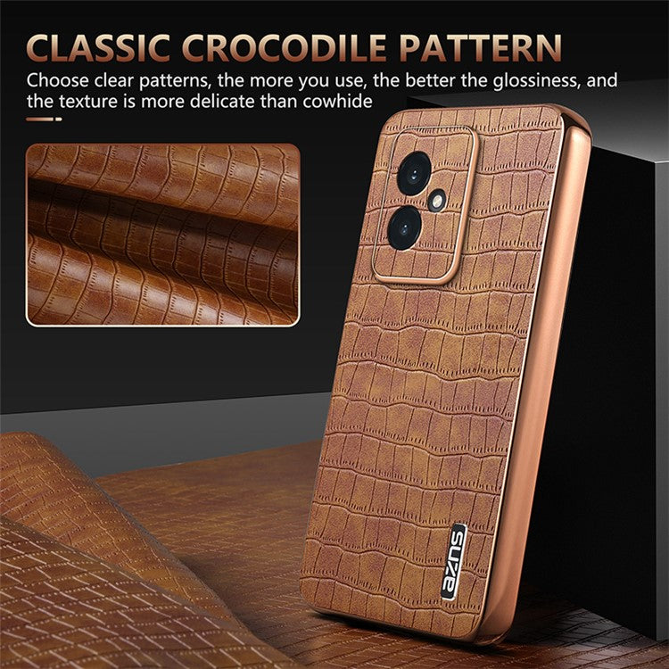 AZNS For Honor 100 5G Case Crocodile Texture Leather+TPU Cover Electroplating Frame - Brown