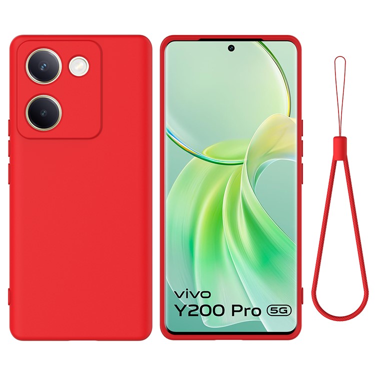 For vivo Y200 Pro 5G Case Liquid Silicone Protective Phone Cover with Hand Strap - Red