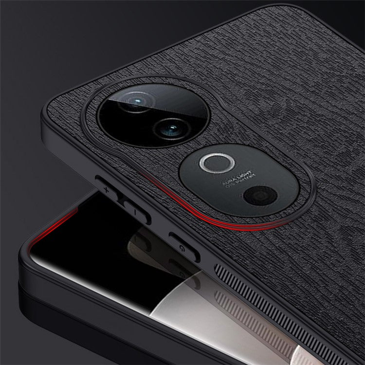 For vivo S19 5G Case Wood Texture Design Leather+PC+TPU Hybrid Phone Cover - Black