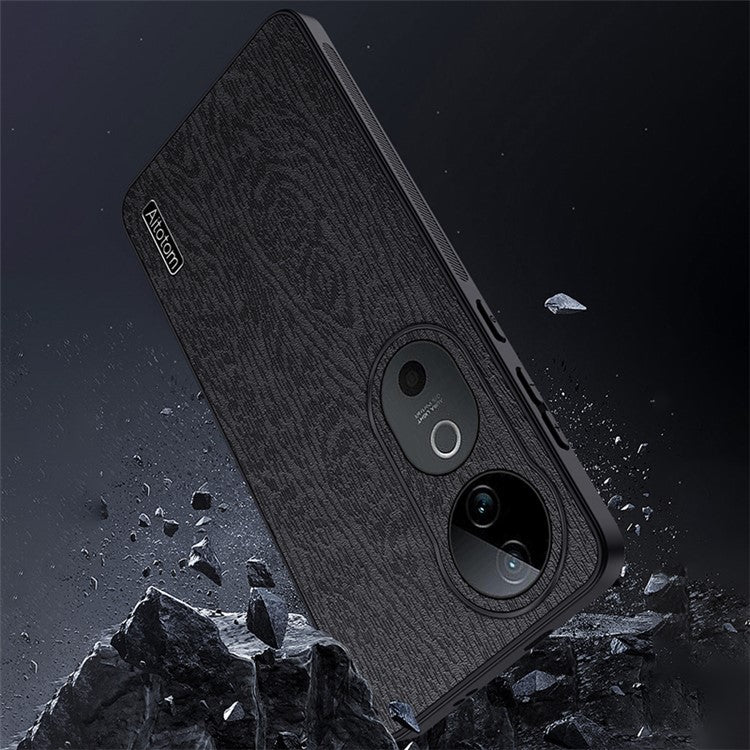 For vivo S19 5G Case Wood Texture Design Leather+PC+TPU Hybrid Phone Cover - Black