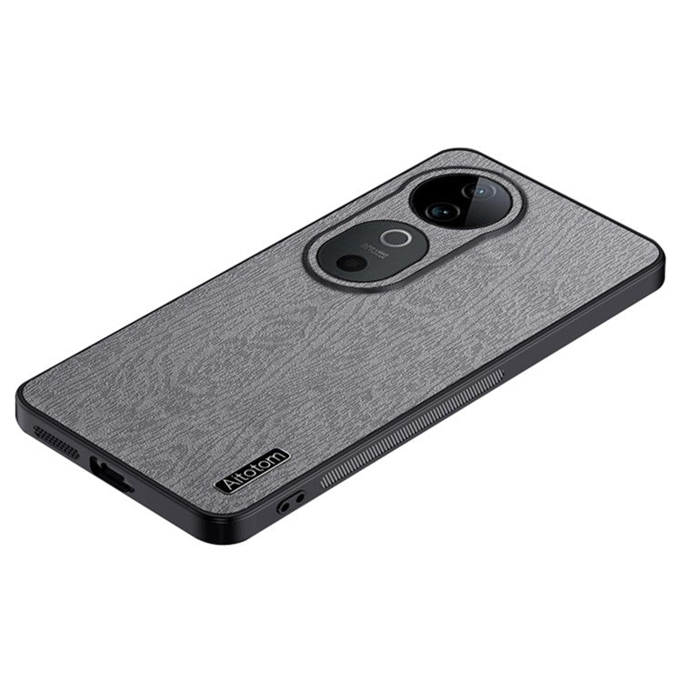 For vivo S19 5G Case Wood Texture Design Leather+PC+TPU Hybrid Phone Cover - Grey