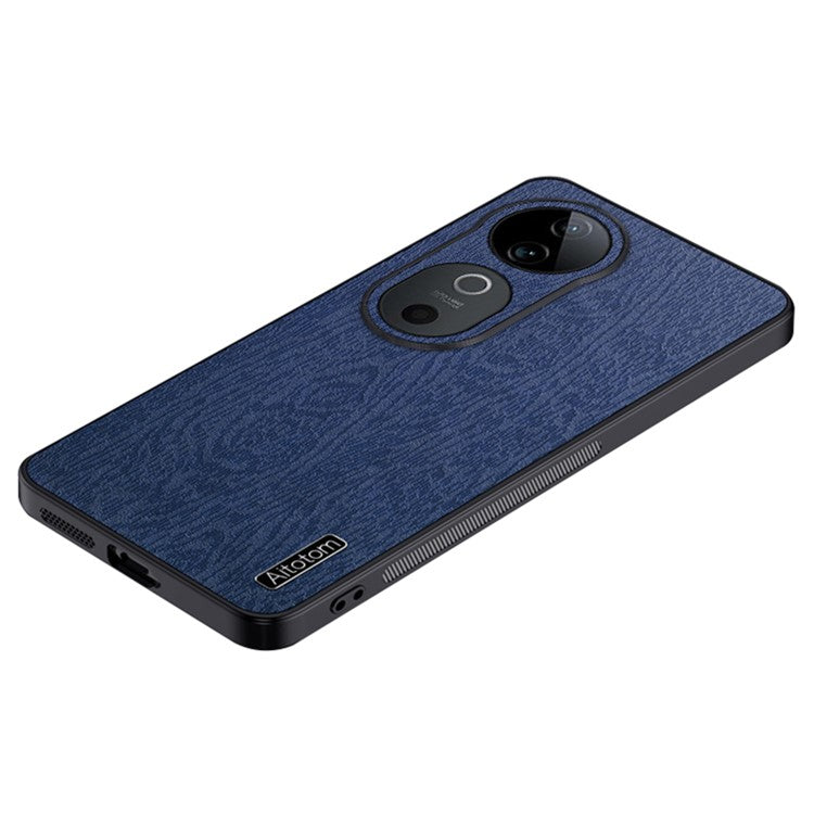 For vivo S19 5G Case Wood Texture Design Leather+PC+TPU Hybrid Phone Cover - Blue