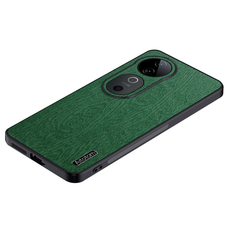 For vivo S19 5G Case Wood Texture Design Leather+PC+TPU Hybrid Phone Cover - Green