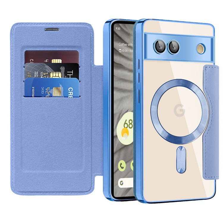 For Google Pixel 7a Magnetic Case RFID Blocking Card Holder Leather Phone Cover - Blue