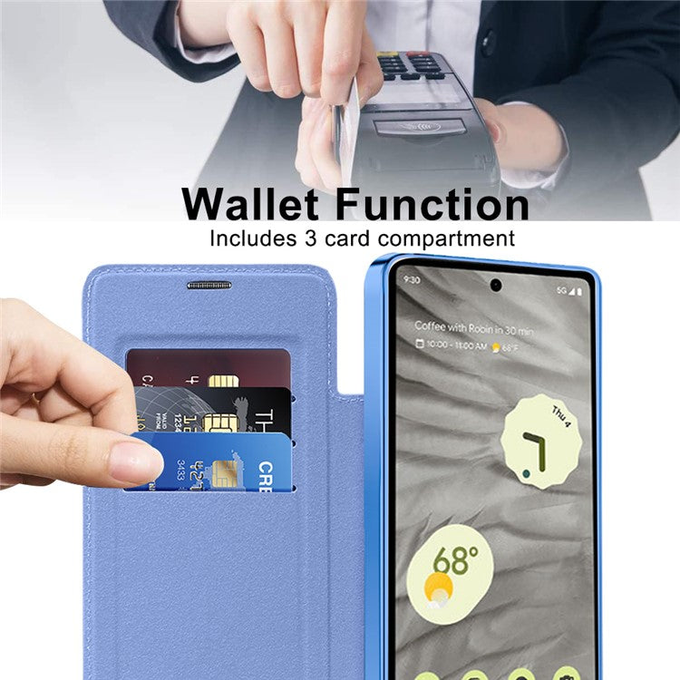 For Google Pixel 7a Magnetic Case RFID Blocking Card Holder Leather Phone Cover - Blue