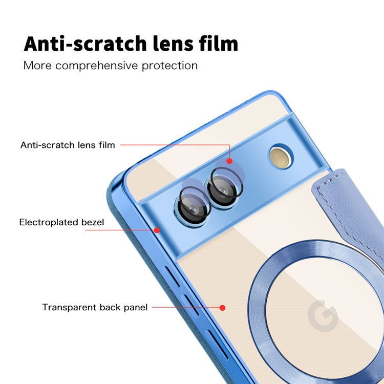 For Google Pixel 7a Magnetic Case RFID Blocking Card Holder Leather Phone Cover - Blue