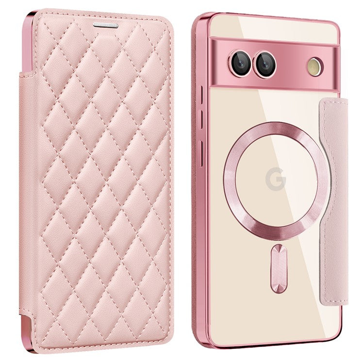 For Google Pixel 7a Magnetic Case RFID Blocking Card Holder Leather Phone Cover - Pink