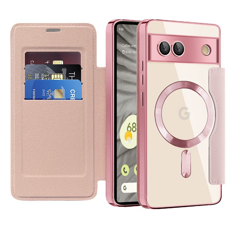 For Google Pixel 7a Magnetic Case RFID Blocking Card Holder Leather Phone Cover - Pink