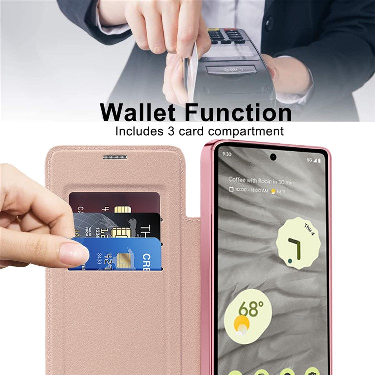 For Google Pixel 7a Magnetic Case RFID Blocking Card Holder Leather Phone Cover - Pink