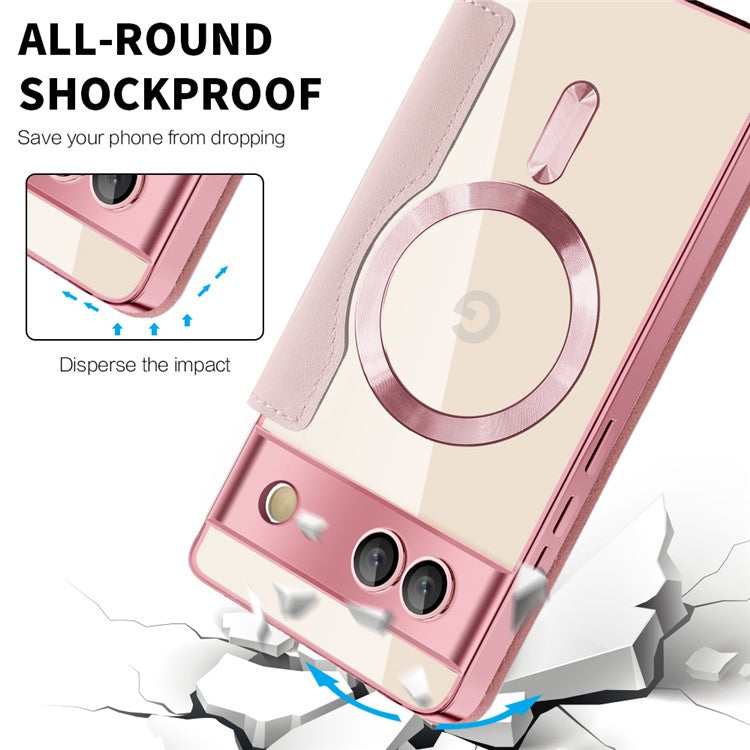 For Google Pixel 7a Magnetic Case RFID Blocking Card Holder Leather Phone Cover - Pink