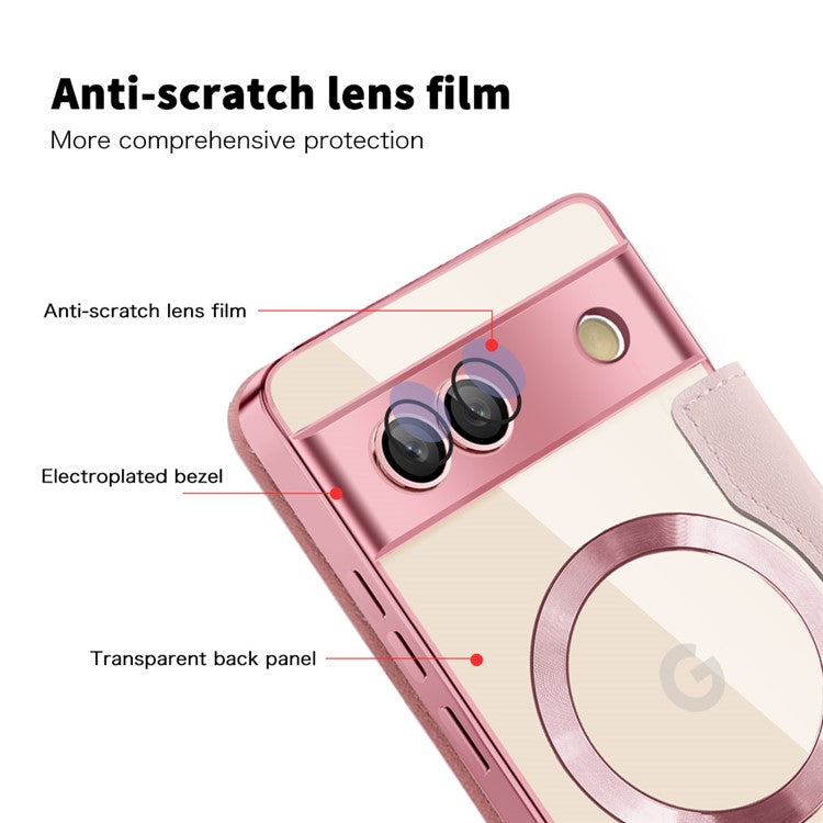 For Google Pixel 7a Magnetic Case RFID Blocking Card Holder Leather Phone Cover - Pink