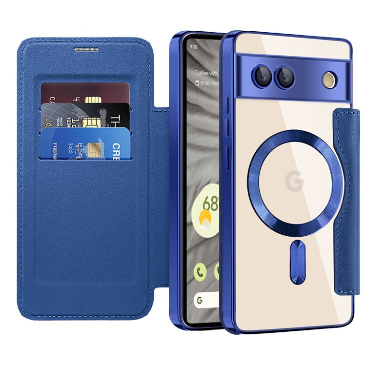 For Google Pixel 7a Magnetic Case RFID Blocking Card Holder Leather Phone Cover - Sapphire