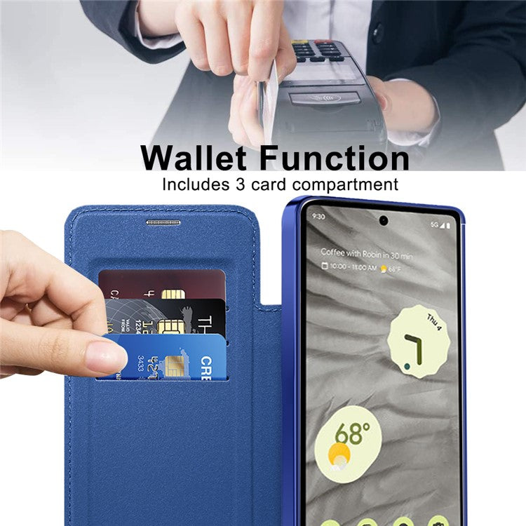 For Google Pixel 7a Magnetic Case RFID Blocking Card Holder Leather Phone Cover - Sapphire