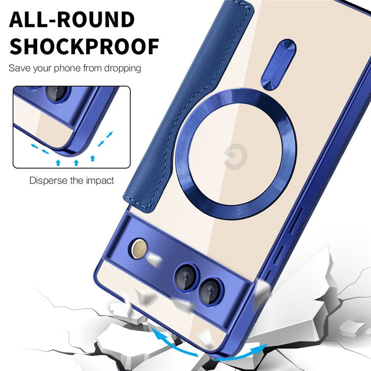 For Google Pixel 7a Magnetic Case RFID Blocking Card Holder Leather Phone Cover - Sapphire