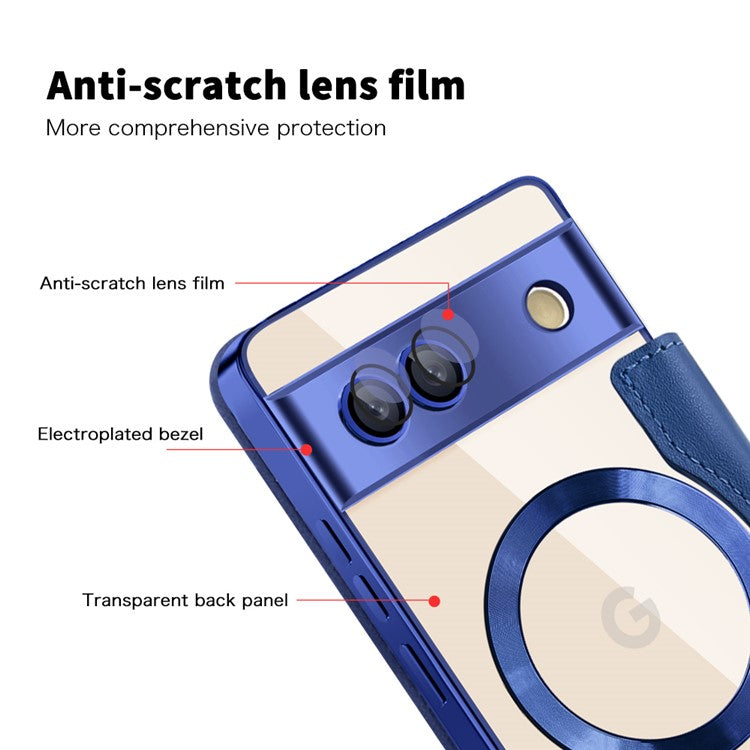 For Google Pixel 7a Magnetic Case RFID Blocking Card Holder Leather Phone Cover - Sapphire