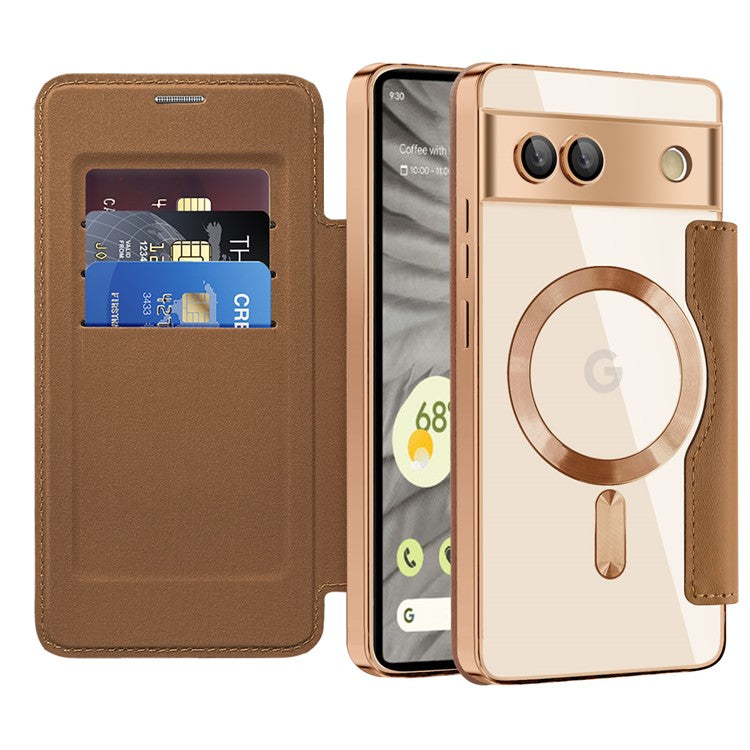 For Google Pixel 7a Magnetic Case RFID Blocking Card Holder Leather Phone Cover - Brown