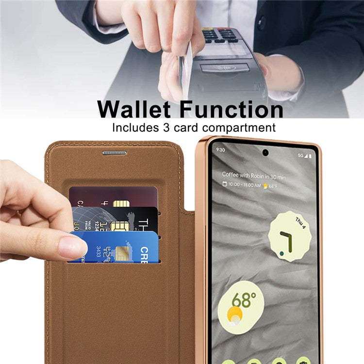 For Google Pixel 7a Magnetic Case RFID Blocking Card Holder Leather Phone Cover - Brown