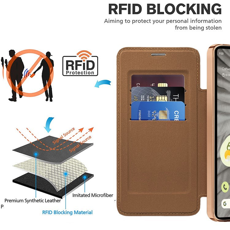 For Google Pixel 7a Magnetic Case RFID Blocking Card Holder Leather Phone Cover - Brown