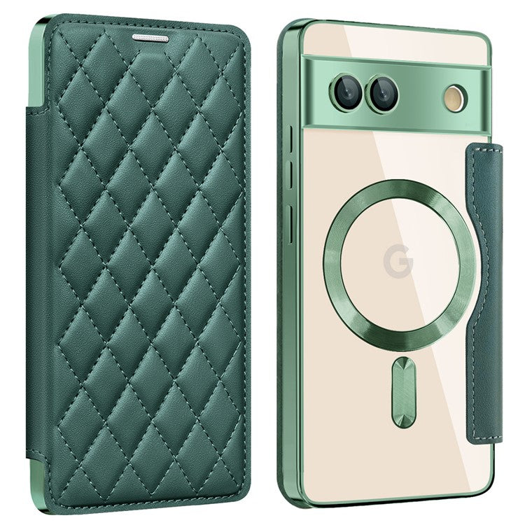 For Google Pixel 7a Magnetic Case RFID Blocking Card Holder Leather Phone Cover - Blackish Green