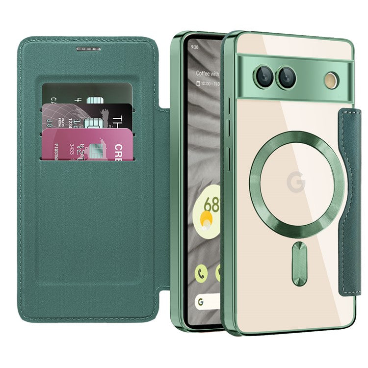 For Google Pixel 7a Magnetic Case RFID Blocking Card Holder Leather Phone Cover - Blackish Green