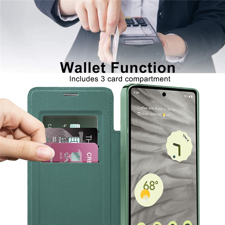 For Google Pixel 7a Magnetic Case RFID Blocking Card Holder Leather Phone Cover - Blackish Green