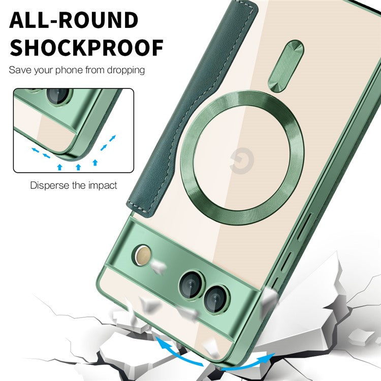 For Google Pixel 7a Magnetic Case RFID Blocking Card Holder Leather Phone Cover - Blackish Green