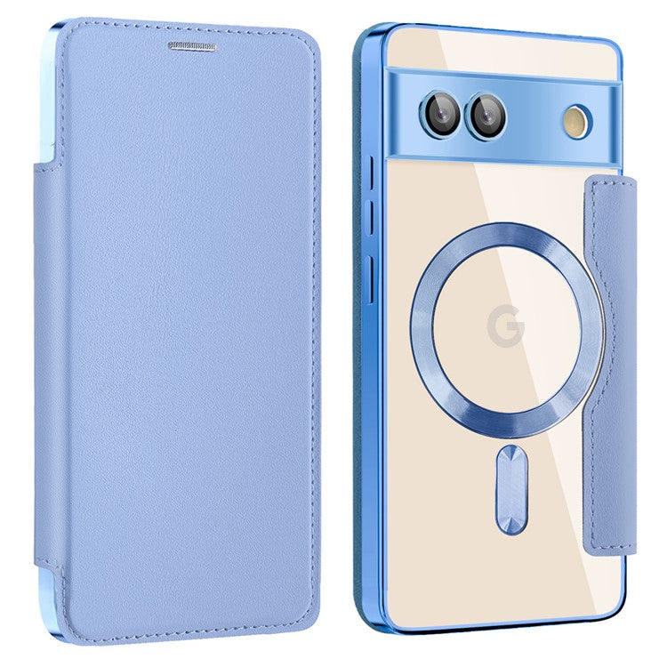 For Google Pixel 7a Magnetic Case Compatible with MagSafe Card Holder Leather Phone Cover - Blue