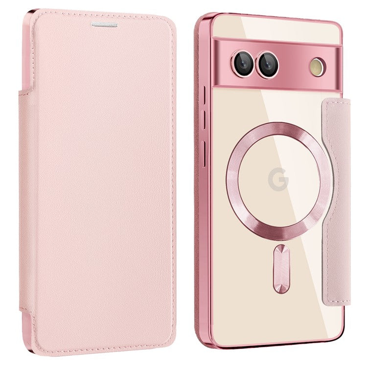 For Google Pixel 7a Magnetic Case Compatible with MagSafe Card Holder Leather Phone Cover - Pink