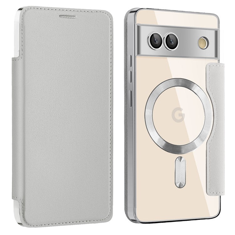 For Google Pixel 7a Magnetic Case Compatible with MagSafe Card Holder Leather Phone Cover - Silver