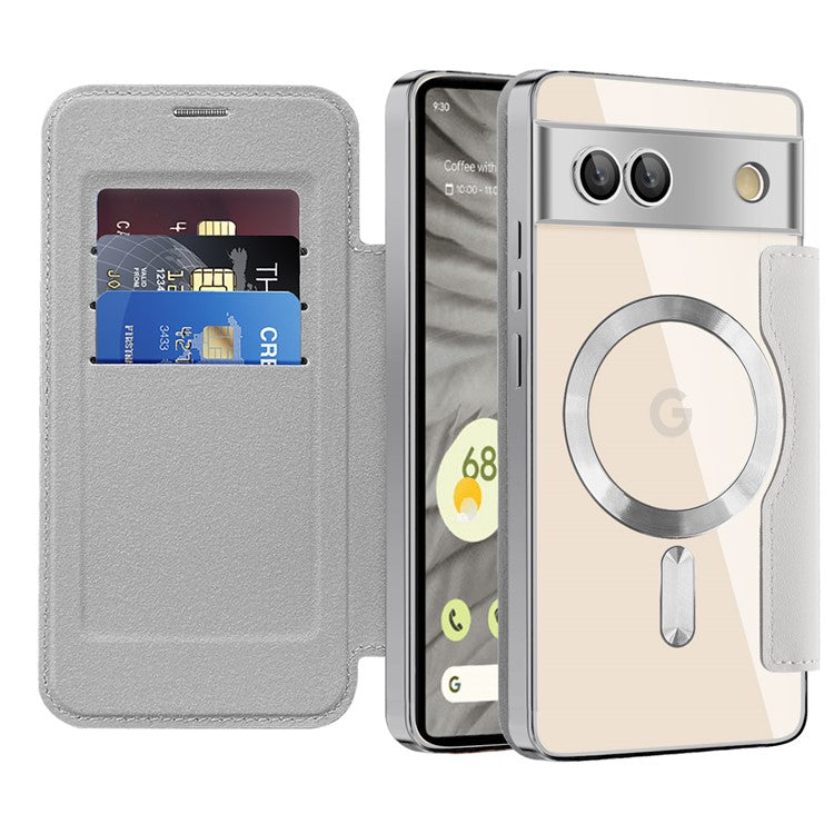 For Google Pixel 7a Magnetic Case Compatible with MagSafe Card Holder Leather Phone Cover - Silver