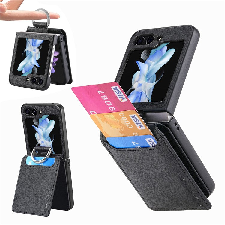 For Samsung Galaxy Z Flip6 5G Phone Case Card Slot Kickstand PU+PC Cover with Finger Ring - Black