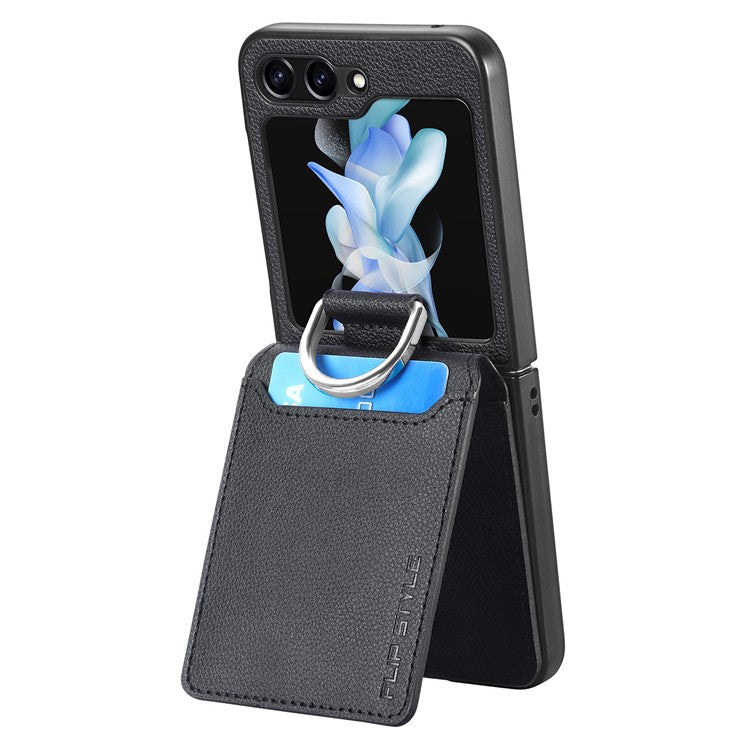 For Samsung Galaxy Z Flip6 5G Phone Case Card Slot Kickstand PU+PC Cover with Finger Ring - Black