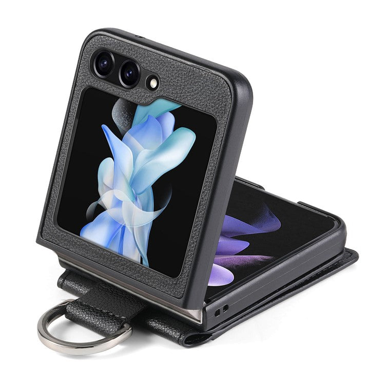 For Samsung Galaxy Z Flip6 5G Phone Case Card Slot Kickstand PU+PC Cover with Finger Ring - Black