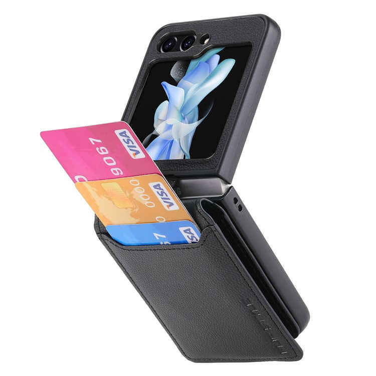 For Samsung Galaxy Z Flip6 5G Phone Case Card Slot Kickstand PU+PC Cover with Finger Ring - Black