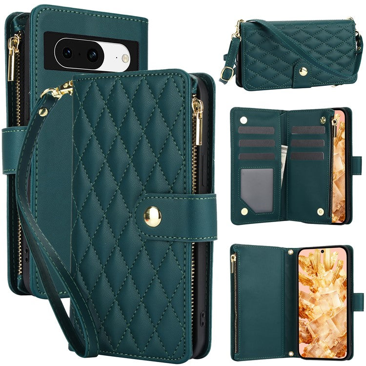 For Google Pixel 8 Case Chic Rhombus PU Leather Phone Cover with Shoulder Lanyard - Blackish Green