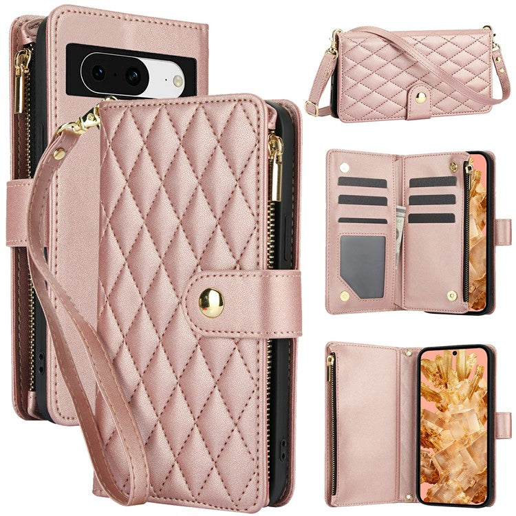 For Google Pixel 8 Case Chic Rhombus PU Leather Phone Cover with Shoulder Lanyard - Rose Gold