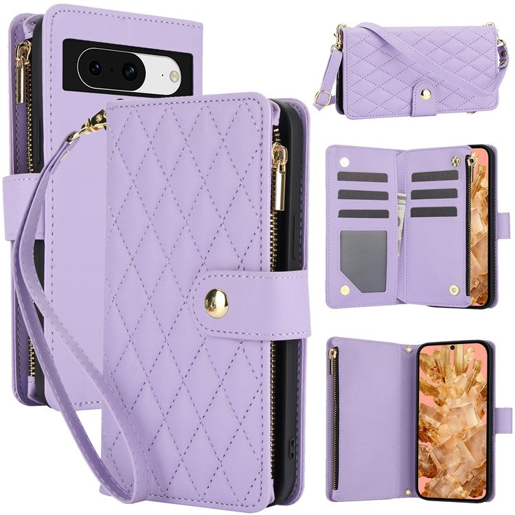 For Google Pixel 8 Case Chic Rhombus PU Leather Phone Cover with Shoulder Lanyard - Light Purple