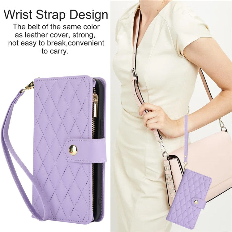 For Google Pixel 8 Case Chic Rhombus PU Leather Phone Cover with Shoulder Lanyard - Light Purple