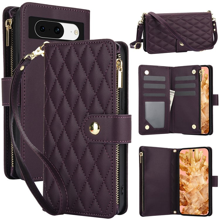 For Google Pixel 8 Case Chic Rhombus PU Leather Phone Cover with Shoulder Lanyard - Dark Purple