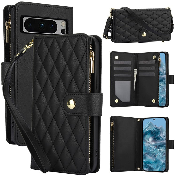 For Google Pixel 8 Pro Case Rhombus Zipper Leather Phone Cover with Shoulder Strap - Black