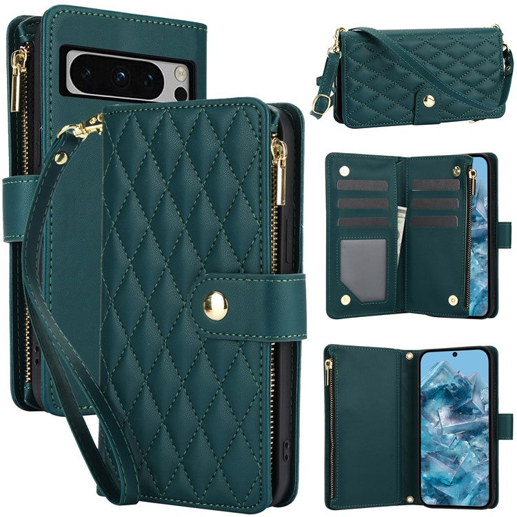 For Google Pixel 8 Pro Case Rhombus Zipper Leather Phone Cover with Shoulder Strap - Blackish Green