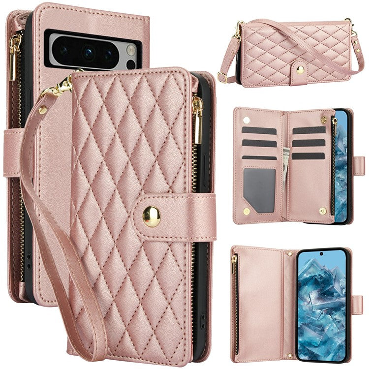 For Google Pixel 8 Pro Case Rhombus Zipper Leather Phone Cover with Shoulder Strap - Rose Gold