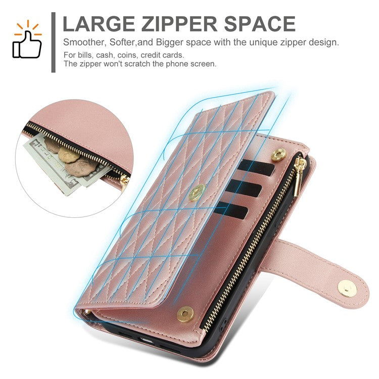 For Google Pixel 8 Pro Case Rhombus Zipper Leather Phone Cover with Shoulder Strap - Rose Gold