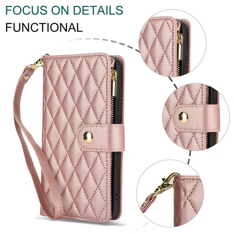 For Google Pixel 8 Pro Case Rhombus Zipper Leather Phone Cover with Shoulder Strap - Rose Gold