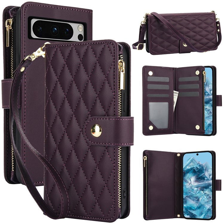 For Google Pixel 8 Pro Case Rhombus Zipper Leather Phone Cover with Shoulder Strap - Dark Purple