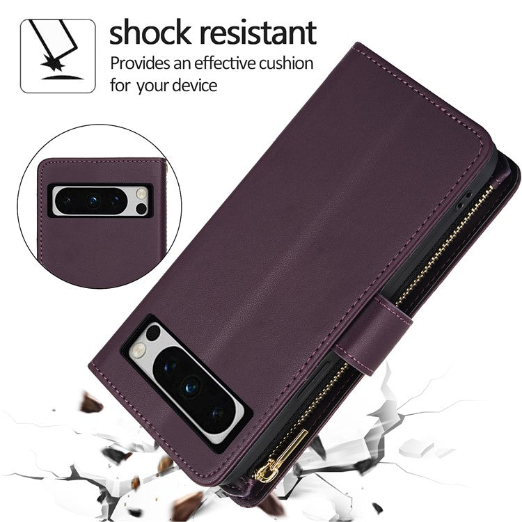 For Google Pixel 8 Pro Case Rhombus Zipper Leather Phone Cover with Shoulder Strap - Dark Purple