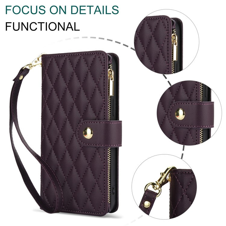 For Google Pixel 8 Pro Case Rhombus Zipper Leather Phone Cover with Shoulder Strap - Dark Purple