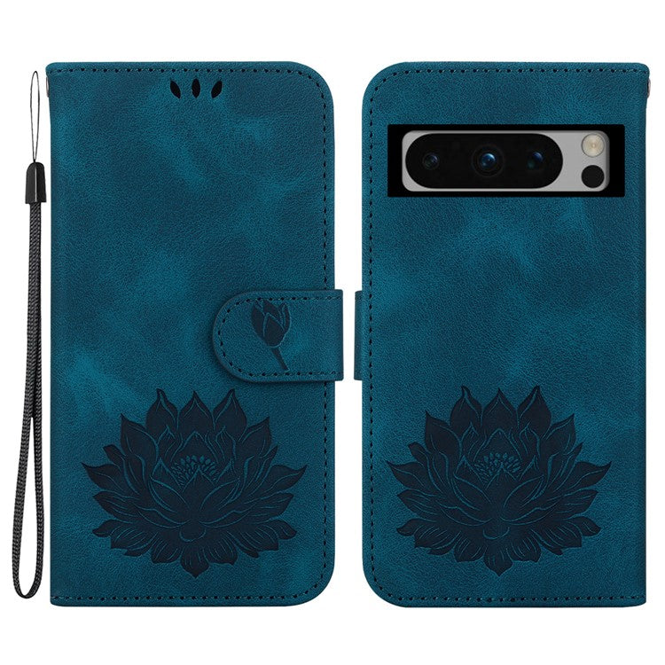 For Google Pixel 8 Pro Case Lotus Pattern PU Leather Phone Cover with Wallet Stand - Blue