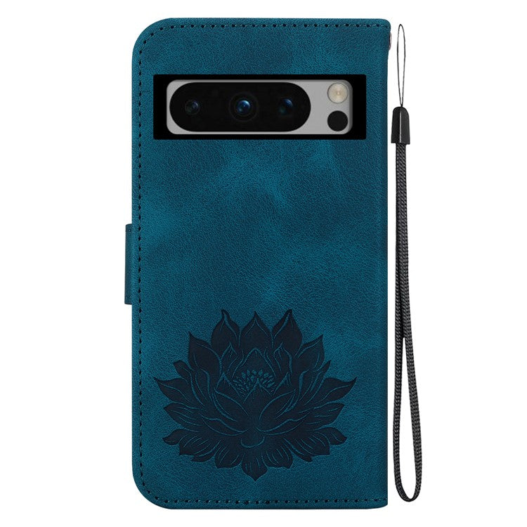 For Google Pixel 8 Pro Case Lotus Pattern PU Leather Phone Cover with Wallet Stand - Blue